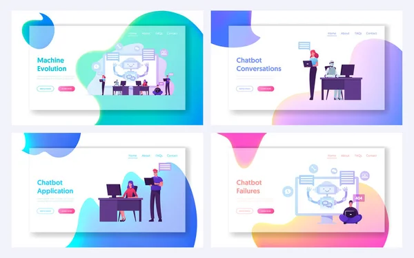 Chat Bot Service Futurystyczne technologie, Automatyzacja Landing Page Template Set. Mężczyzna Kobieta Klient Postacie — Wektor stockowy