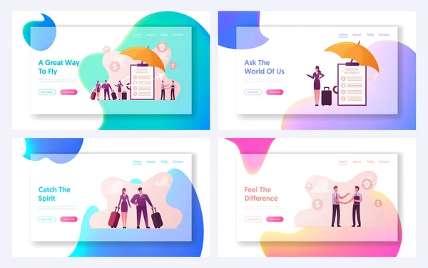 Segurança da companhia aérea, Seguro de aviação, Indústria aeronáutica Landing Page Template Set. Piloto e hospedeira —  Vetores de Stock