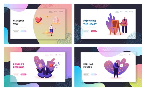 People Make Choice between Mind and Feelings Landing Page Template Set. Characters Search Balance in Love — Stock vektor