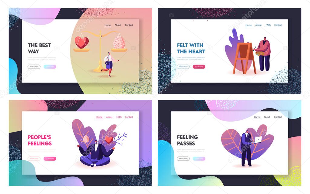 People Make Choice between Mind and Feelings Landing Page Template Set. Characters Search Balance in Love