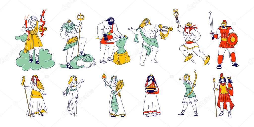 Set of Powerful Ancient Greek Gods and Goddess. Zeus Poseidon Hephaestus, Vulcan Apollon Hermes Ares, Hera Athena