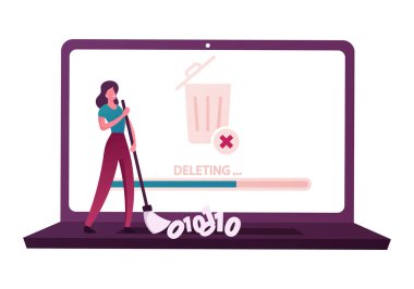 Bilgisayar Alanı Temizleme, Gizli Bilgi ve Doktorların Silinmesi. Masaüstü ekranında Çöp kovası olan dev dizüstü bilgisayarın klavyesindeki küçük kadın karakter süpürme ikili kodu. Çizgi film Vektör İllüstrasyonu