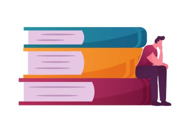 Büyük Kitap Yığını Üzerinde Oturan Düşünceli Adam. Genç Erkek Karakter Felsefesi Yansımaları. Öğrenci Kütüphanede Zaman Geçirir veya İncelemeye, Düşünmeye, Bilgi Toplamaya Hazırlanır. Çizgi film Vektör İllüstrasyonu
