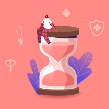 Tiny Female Character Sitting on Huge Hourglass with Medical Gynecology Icons around. Estrogen and Estradiol Hormonal Therapy, Menopause and Fertility Woman Health Concept. Cartoon Vector Illustration clipart