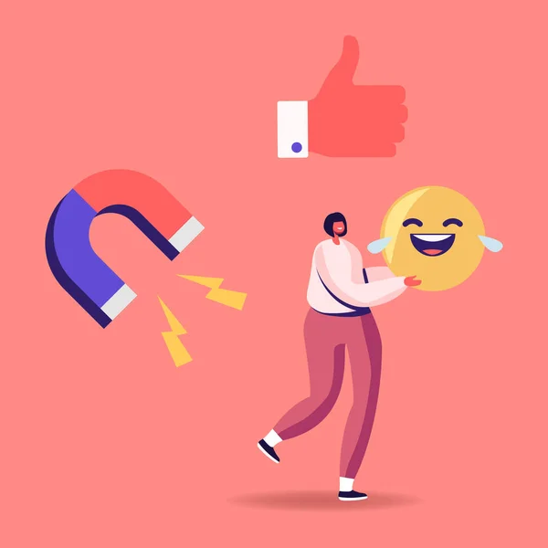Μικροσκοπικός γυναικείος χαρακτήρας φέρει τεράστιο χαμόγελο γέλιο Emoji στα χέρια με Thumb Up και Magnet εικονίδια γύρω. Viral Content Spreading and Followers Attraction, σχόλια χρηστών. Εικονογράφηση διάνυσμα κινουμένων σχεδίων — Διανυσματικό Αρχείο