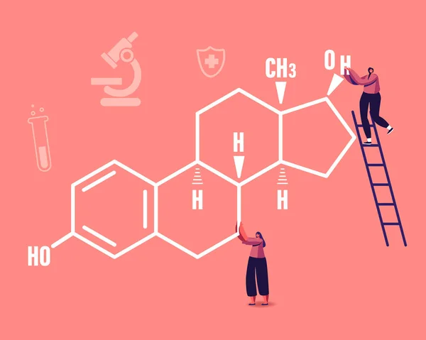 Personaggi femminili minuscoli alla formula enorme dell'estrogeno con le icone mediche intorno. Salute Della Donna, Medicina Ginecologica Check Up, Progesterone ed Estradiolo Terapia Ormonale. Illustrazione del vettore della gente del fumetto — Vettoriale Stock