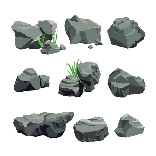 Set of Grey Stones Isolated on White Background. Single and Piled Rocks with Green Grass, Graphic Design Elements for Computer Game, Nature Pebble Objects. Cartoon Vector Illustration, Icon, Clip Art