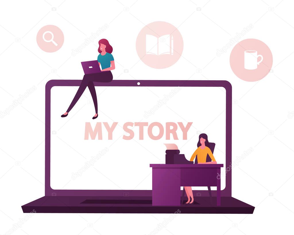 Tiny Female Characters at Huge Laptop Writing Stories and Biography. Girl Typing on Computer, Woman Printing on Retro Typewriter. Author or Famous Person Life Story. Cartoon People Vector Illustration