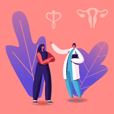 Female Character Visiting Doctor Gynecologist for Hormonal Therapy and Reproductive System Diagnostics and Treatment. Woman Health Care, Hormonal Disease Check Up. Cartoon People Vector Illustration clipart