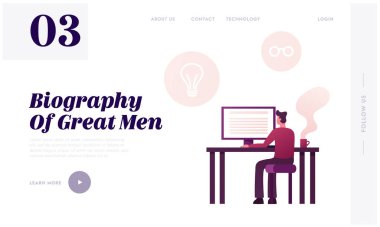 Writer Work on New Memoirs Book Landing Page Template. Male Character Sitting at Desk Look on Desktop. Man Author Writing Biography or Portfolio for Job Employment. Cartoon Vector Illustration clipart