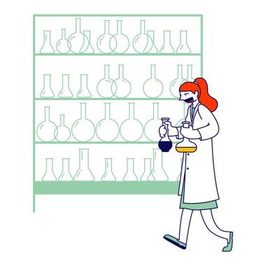 Laboratuvar Önlük Deneyi ve Bilimsel Araştırma Laboratuvarı 'nda bilim adamı. Kimya Bilimi Personeli, Teknisyen Laboratuvarı Karakter Asistanı Test Tüpleri. Doğrusal Vektör İllüstrasyonu