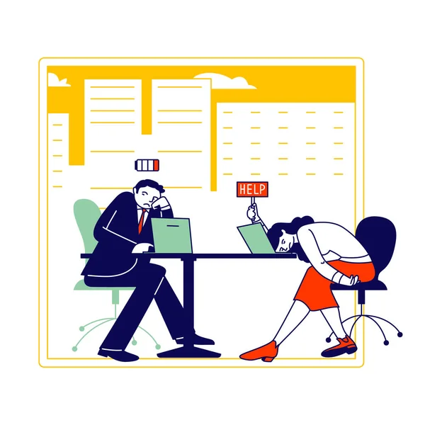 Trabajo duro Hombre y mujer de negocios con bajo nivel de batería sentado en el lugar de trabajo con la computadora en la oficina Hold Sign Help. Personajes de negocios cansados Burnout emocional. Ilustración de vectores lineales — Vector de stock