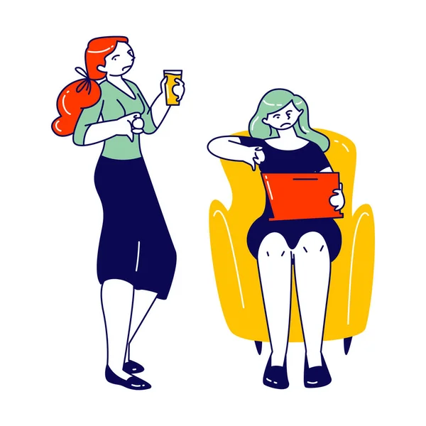 Personnages féminins montre désapprobation signe pouce vers le bas geste. Femme n'aime pas quelque chose et désabonnement, expression répugnante, opinion négative ou concept de sentiment. Illustration vectorielle des personnes linéaires — Image vectorielle