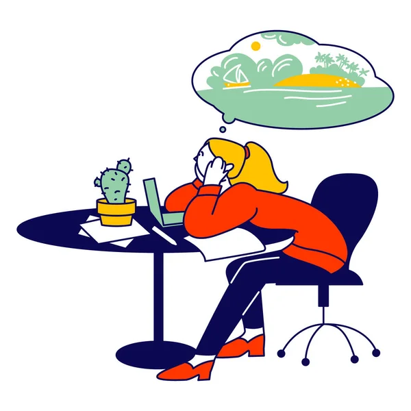 Emotional Burnout Concept. Travail acharné Femme d'affaires assis sur le lieu de travail avec ordinateur au bureau Rêver de vacances d'été. Fatigué surmenage femme d'affaires caractère. Illustration vectorielle linéaire — Image vectorielle