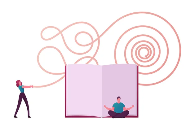 Μικροσκοπικοί άνθρωποι φιλοσοφική σκέψη. Άνθρωπος κάθεται στο Lotus Posture Διαλογισμός μπροστά από το τεράστιο βιβλίο. Γυναίκα Unravel Μπλεγμένες Σκέψεις Tangle, Σκέψεις και αντανάκλαση. Εικονογράφηση διάνυσμα κινουμένων σχεδίων — Διανυσματικό Αρχείο