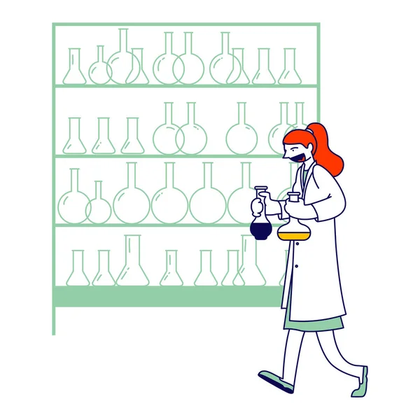 Επιστήμονας στο Lab Coat Διεξαγωγή πειράματος και επιστημονικής έρευνας στο Lab. Προσωπικό Χημείας Επιστήμης στην Εργασία, Τεχνικός Βοηθός Εργαστηρίου Χαρακτήρας Carry Test Tubes. Γραμμική διανυσματική απεικόνιση — Διανυσματικό Αρχείο