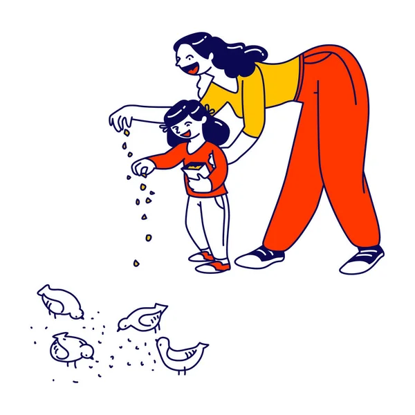 Personagens Mãe e Filha Alimentam Pássaros na Rua Dando Comida a Pombas ou Patos na Lagoa. Personagens de Mulher e Criança Caminhando no Parque de Verão no fim de semana. Ilustração vetorial de pessoas lineares —  Vetores de Stock