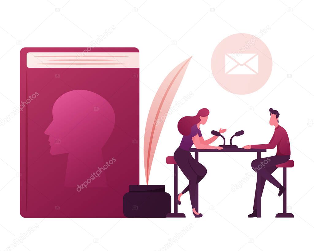 Female Radio Host Character Take Interview at Famous Writer with Announcement of New Biography Book with Human Profile on Cover and Huge Inkwell with Feather Pen. Cartoon People Vector Illustration