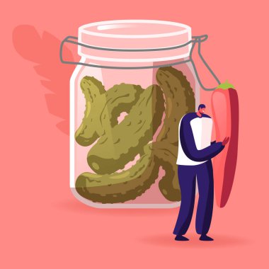 Marinated Salatalıklı Cam Kavanoz 'da Büyük Kırmızı Biber Durağı' nda Küçük Erkek Karakteri. Ev yapımı mayalanmış vegan sağlıklı yiyecek ve konserve konserveleri aşçılık konsepti. Çizgi film Vektör İllüstrasyonu