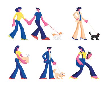 Bir grup insan evcil hayvanlarla vakit geçiriyor. Erkek ve Kadın Karakterler Yürüyor ve Köpeklerle Oynuyor, Kadın Kutuda Kedi Taşıyor. Boş zaman, İletişim ve Aşk, Hayvanların Bakımı. Çizgi film Vektör İllüstrasyonu