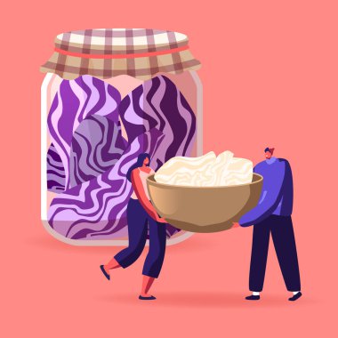 Minik Erkek ve Kadın Karakterler Cam Kavanozlarda Mayalanmış Yemek Pişiriyor. Ev yapımı kırmızı lahana koruma, kimchi choucroute gurme tarifi, vegan gıda fermantasyonu. Çizgi film İnsanları Vektör İllüstrasyonu
