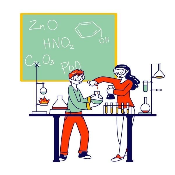 Kinder lernen Chemie im Klassenzimmer, arbeiten und experimentieren im Raffinerielabor mit Reagenzgläsern, Bechern und wissenschaftlichen Werkzeugen. Kinder Chemiestudenten. Lineare Menschen Vektor Illustration — Stockvektor
