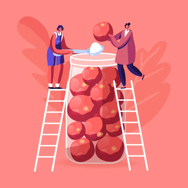 Pequeños personajes femeninos se paran en escaleras ponen tomates maduros y sal en un enorme tarro de vidrio. Las mujeres que cocinan alimentos caseros fermentados se preparan para el invierno. Dibujos animados Gente Vector Ilustración — Vector de stock