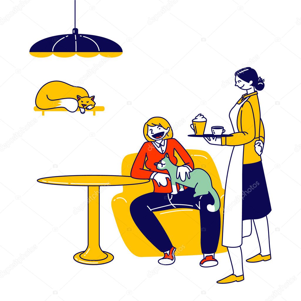 Female Character Playing with Fluffy Kitten at Modern Cafe Interior while Waiting Order. Waitress Bring Tray with Coffee to Customer. Young Woman Visiting Cat Cafe. Linear People Vector Illustration
