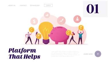 Crowdfunding Landing Page Template. Tiny People Inserting Golden Coins to Huge Piggybank and Glowing Light Bulb beside. Characters Collect Money for Startup Business Idea. Cartoon Vector Illustration clipart