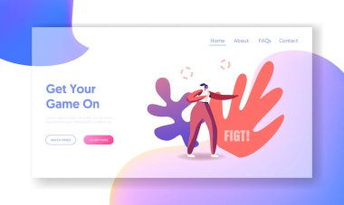 Vr Gözlüklü Kadın Karakteri Fighting Landing Page Şablonu. Sanal Gerçeklik Eğlencesi Savaş Oyunu, Futuristik Teknoloji Etkileşimli Dövüş Kulübü 'nde Gençler. Çizgi film Vektör İllüstrasyonu