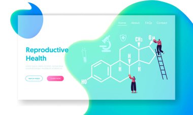 Progesterone ve Estradiol Hormonal Terapi İniş Sayfa Şablonu. Dev Östrojen Formülündeki Minik Kadın Karakterler. Kadın Sağlığı, Jinekoloji, Sağlık Kontrolü. Çizgi film İnsanları Vektör İllüstrasyonu