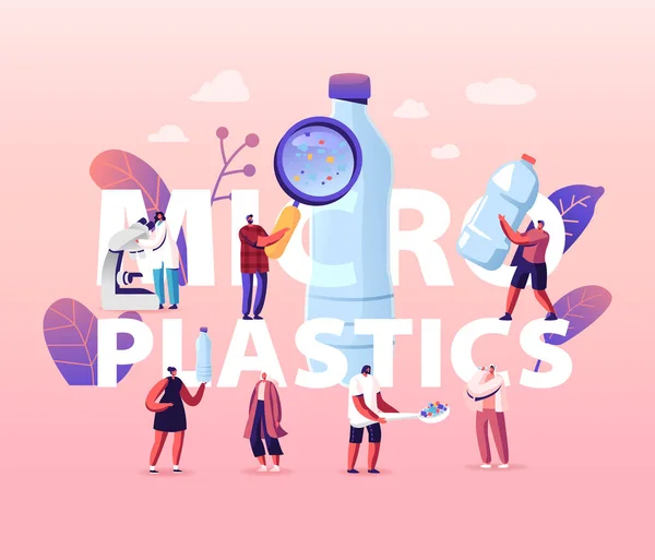 Microplastic in Water and Food Concept. Global Ocean Pollution. Problème. Personnages minuscules avec un énorme microscope et du verre grossissant, affiche écologique Banner Flyer. Illustration vectorielle de bande dessinée — Image vectorielle