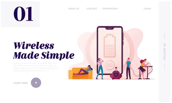 Šablona stránky pro přistávání s nízkou úrovní nabíjení baterie. Charakteristika Nabíjet zařízení, Mobilní telefony a Gadgets. Lidé používají chytré telefony a tablety v blízkosti velké baterie. Cartoon Vector Illustration — Stockový vektor