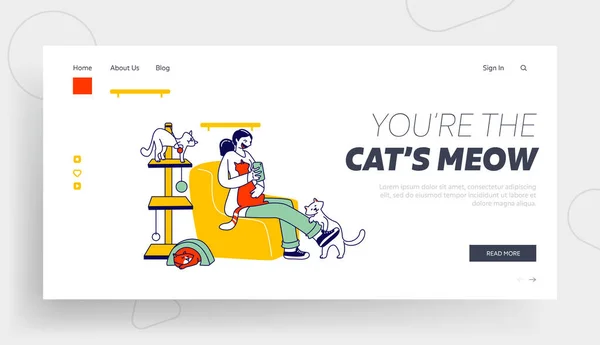 Modern Cat Cafe Landing Page Sablon. Egy nő, aki macskákkal játszik és képeket készít okostelefonon. Női Karakter Hold Cica Ül Kényelmes Karosszék, Vendégszeretet. Lineáris vektor illusztráció — Stock Vector