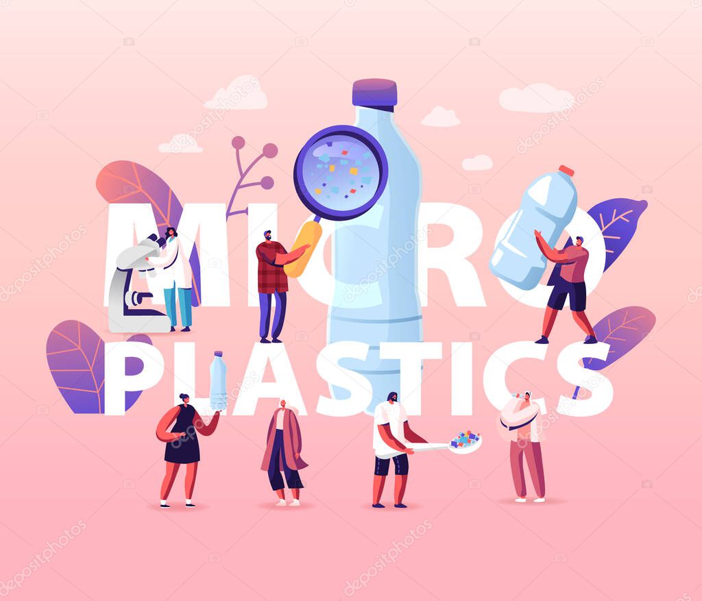 Microplastic in Water and Food Concept. Global Ocean Pollution. Problem. Tiny People Characters with Huge Microscope and Magnifying Glass, Ecological Poster Banner Flyer. Cartoon Vector Illustration