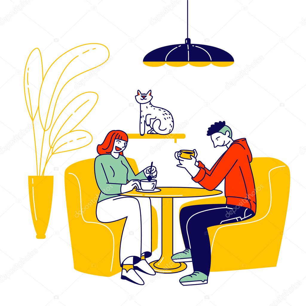 Young People Visiting Cat Cafe, Hospitality Concept. Male Female Characters Sit at Tables Drinking Beverages and Communicate in Modern Restaurant Interior with Pets Kitten. Linear Vector Illustration