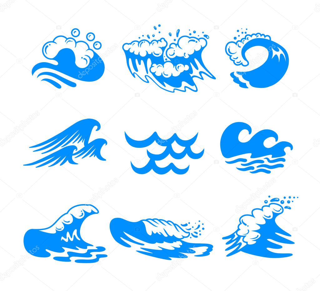 Set of Blue Water Sea or Ocean Waves and Splashing of Different Shapes Isolated on White Background. Minimalistic Icons, Labels or Signs for Advertising Promo Banner. Vector Illustration, Clip Art