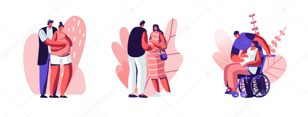 Set of Happy Couples Waiting Baby. Healthy and Disabled Pregnant Female Characters with their Husbands. Girl on Wheelchair. Motherhood, Maternity, Family Relations. Cartoon People Vector Illustration