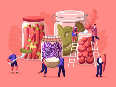 Tiny Male ve Dişi Karakterler Marinated Pickles, Variety Preservation Jars pişirip yiyorlar. Ev yapımı salatalık, acı biber, domates ve mayalanmış kırmızı lahana. Çizgi film İnsanları Vektör İllüstrasyonu