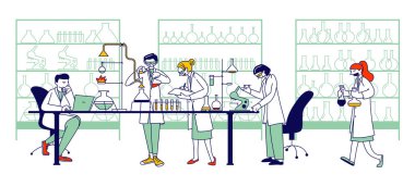 Kimya bilimcileri, Profesyonel İnsanlar Karakterleri Kimyagerler veya Doktorlar Bilim Laboratuvarında Çağdaş Ekipmanlarla Tıbbi Deneyler, Araştırmacılar. Doğrusal Vektör İllüstrasyonu