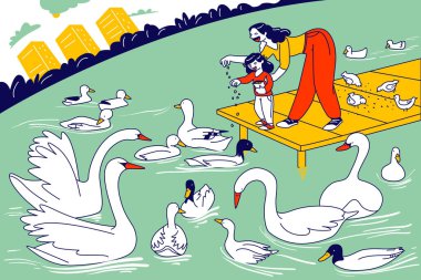 Park 'ta Mutlu Aile Yürüyüşleri. Anne ve Küçük Çocuk Karakterleri Ördekleri, Kuğuları ve Güvercinleri Besler. Kadın ve Kız Hafta Sonu Yedek Zaman, Anne ve Kız Doğada Boş Zaman. Doğrusal İnsanlar Vektör İllüstrasyonu