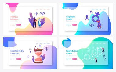 Estrogen Hormone Female Health, Diagnostics and Treatment Landing Page Template Set. Medicine, Woman Characters Gynecology Check Up, Reproductive System Health Care. Cartoon People Vector Illustration clipart