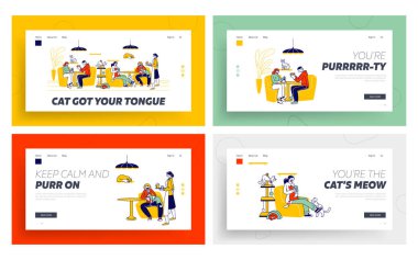 Modern Cat Cafe İniş Sayfası Şablonu 'nu Ziyaret Eden Gençler. Karakterler kedi yavrularıyla oynuyor rahat bir yerde masalarda oturuyor, içecekler içiyor, misafirperverlik işi yapıyor. Doğrusal Vektör İllüstrasyonu