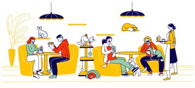 İnsanlar Kedi Kafe 'yi ziyaret ediyor. Erkek ve Kadın Karakterler Masalarda oturup, Yavru Kedilerle İçecekler İçip Rahatlıyorlar. Yeni Konukseverlik Tipi İş Konukseverlik Mekanı. Doğrusal Vektör İllüstrasyonu