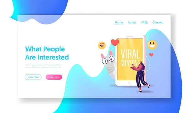 Teenager Watch Funny Viral Video Clip Landing Page Template Tiny Female Character with Smartphone Walk near Huge Mobile Phone with Cute Cat, Smiles Emoji and Heart Cartoon Vector Illustration — стоковий вектор