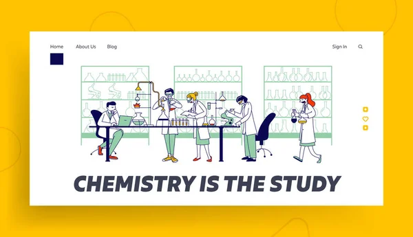 Šablona přistávací stránky chemiků. Chemici Charakteristiky Výzkumníci nebo Lékaři Provádět Lékařské Experiment ve vědecké laboratoři se současným vybavením. Vektorový obrázek lineárních osob — Stockový vektor