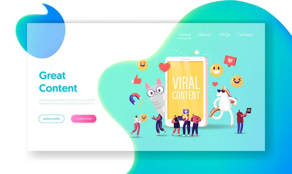 Plantilla de landing page de contenido viral. Pequeños personajes en el enorme móvil con Funny Unicorn y Cat. Blogs de redes sociales, Me gusta la red en línea, Atrayendo seguidores. Dibujos animados Gente Vector Ilustración — Vector de stock