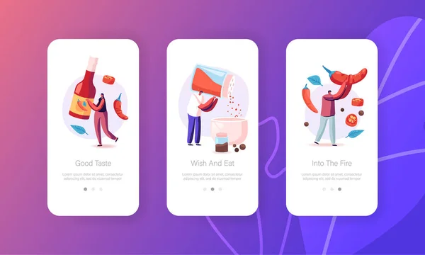 People Cooking Hot Spicy Food Mobile App Page Onboard Screen Template (dalam bahasa Inggris). Tiny Characters Cook Delicious Meal dengan Red Chili Pepper Ingredients, Mexican Spicy Dish. Konsep. Ilustrasi Vektor Kartun - Stok Vektor