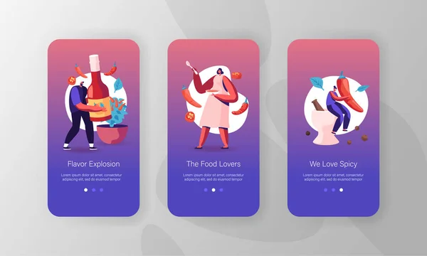 Chilli Seasoning Ingredient for Hot Food Dish Cooking Mobile App Page Onboard Screen Template (dalam bahasa Inggris). Tiny People Character Hold Red Chili Pepper, Ketchup atau Sauce Bottle Concept (dalam bahasa Inggris). Ilustrasi Vektor Kartun - Stok Vektor