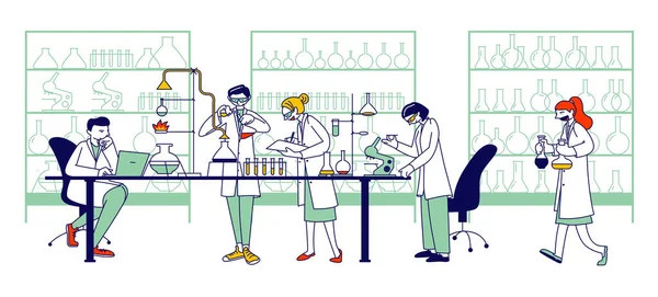 Вчені-хіміки, персонажі професійних людей хіміки або лікарі досліджують медичний експеримент в науковій лабораторії з сучасним обладнанням, дослідники. Лінійні Векторні ілюстрації — стоковий вектор